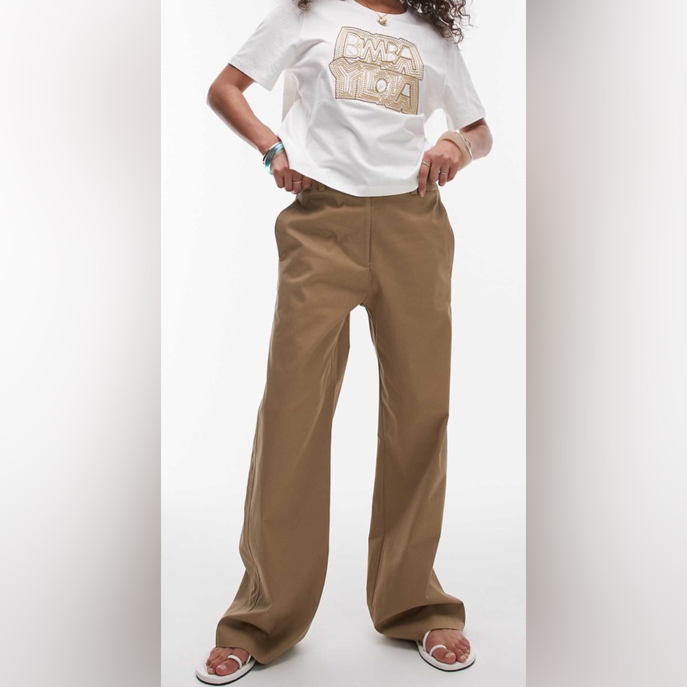 Topshop low rise casual tailored straight leg pants in beige